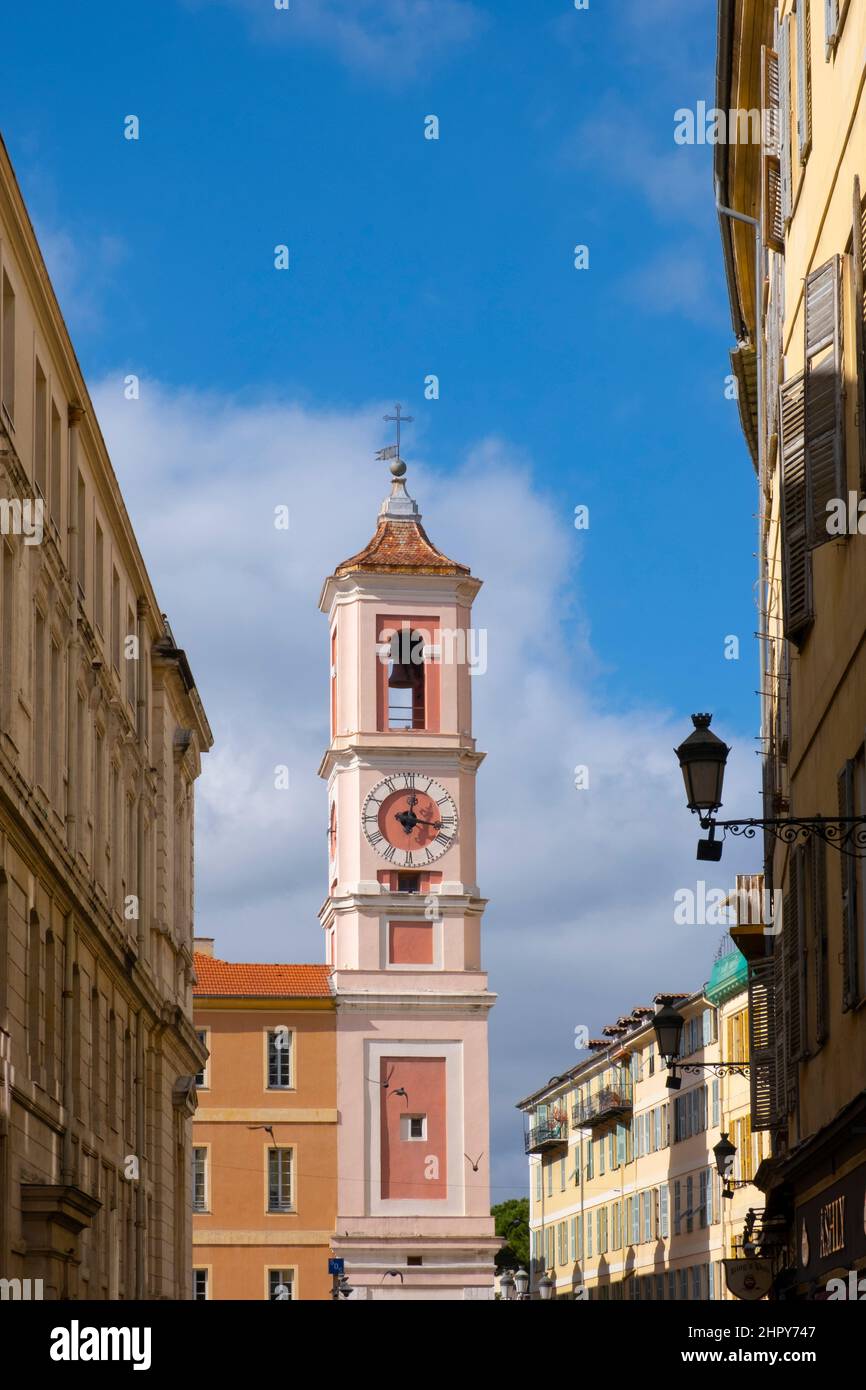 The Rusca Palace Clock Tower in the Palais de Justice Square in Nice, France Stock Photo
