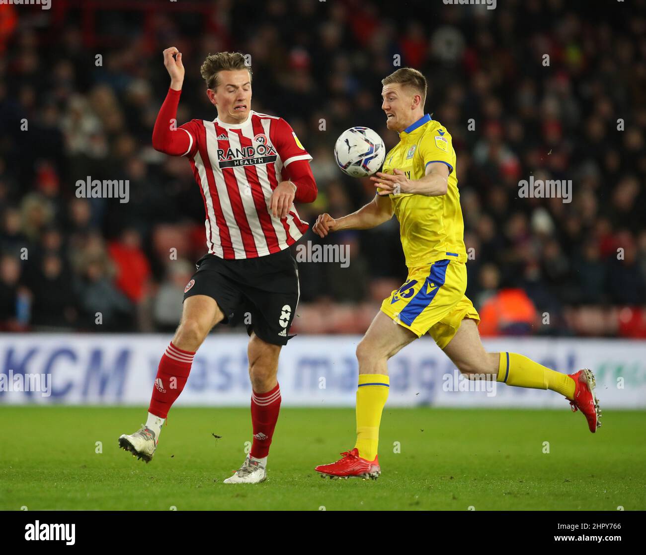 Sheffield, England, 23rd February 2022.   Sander Berge of Sheffield Utd and Scott Wharton of Blackburn Rovers during the Sky Bet Championship match at Bramall Lane, Sheffield. Picture credit should read: Simon Bellis / Sportimage Stock Photo