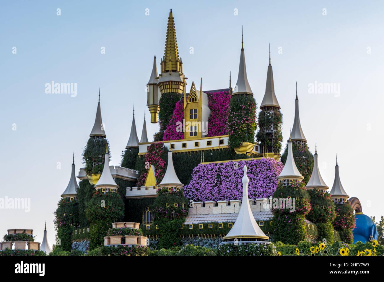 The picturesque floral fairytale castle at the Dubai Miracle Garden, United Arab Emirates. Stock Photo