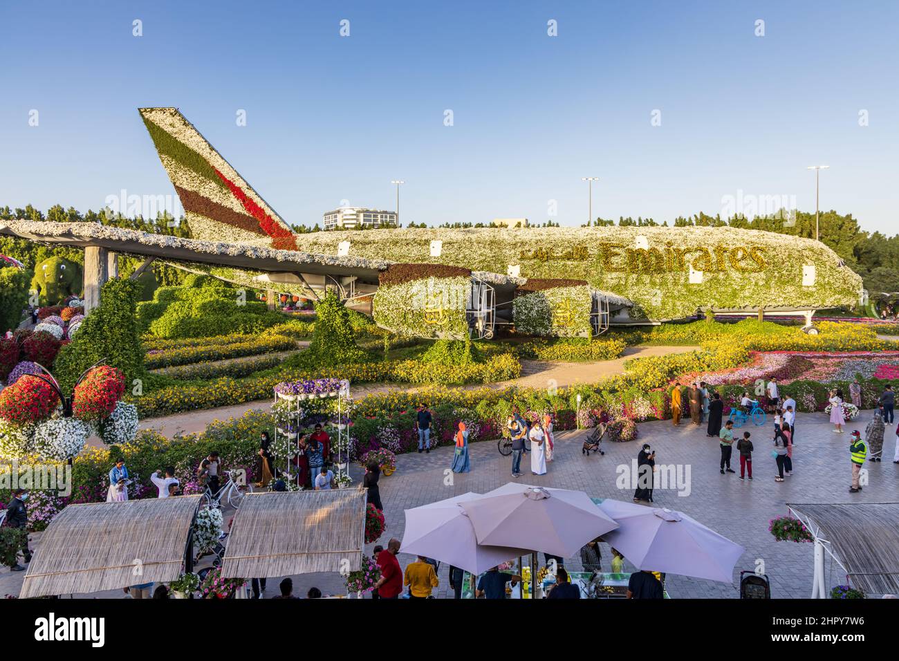 A flower-covered Emirates Airbus A380 at the Dubai Miracle Garden, United Arab Emirates. Stock Photo