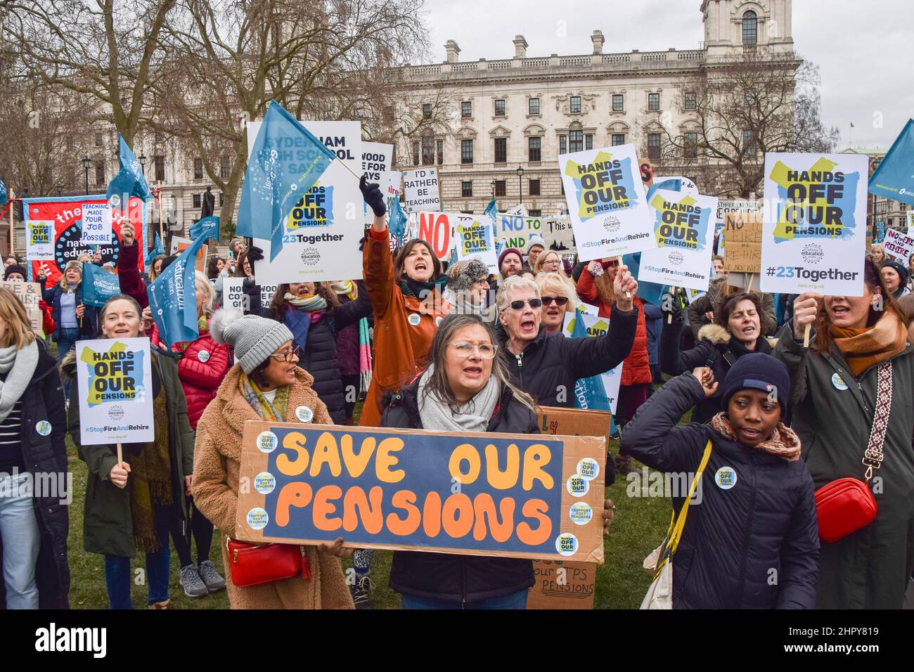 London, UK. 23rd Feb, 2022. Protesters hold placards reading 'Save Our Pensions' and 'Hands Off Our Pensions' during the demonstration.Demonstrators gathered in Parliament Square in protest against Girls' Day School Trust (GDST) cutting pensions for girls school teachers. (Photo by Vuk Valcic/SOPA Images/Sipa USA) Credit: Sipa USA/Alamy Live News Stock Photo