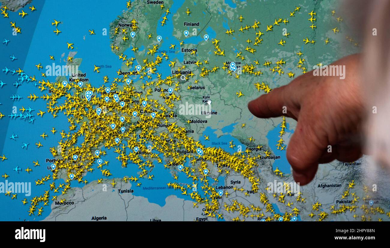 Kiev, Ukraine. 24th Feb, 2022. FlightRadar24 website, an online flight  tracker shows no aircrafts flying over Ukraine after the Russian attack.The  Ministry of Foreign Affairs and of Infrastructure in Ukraine closed the