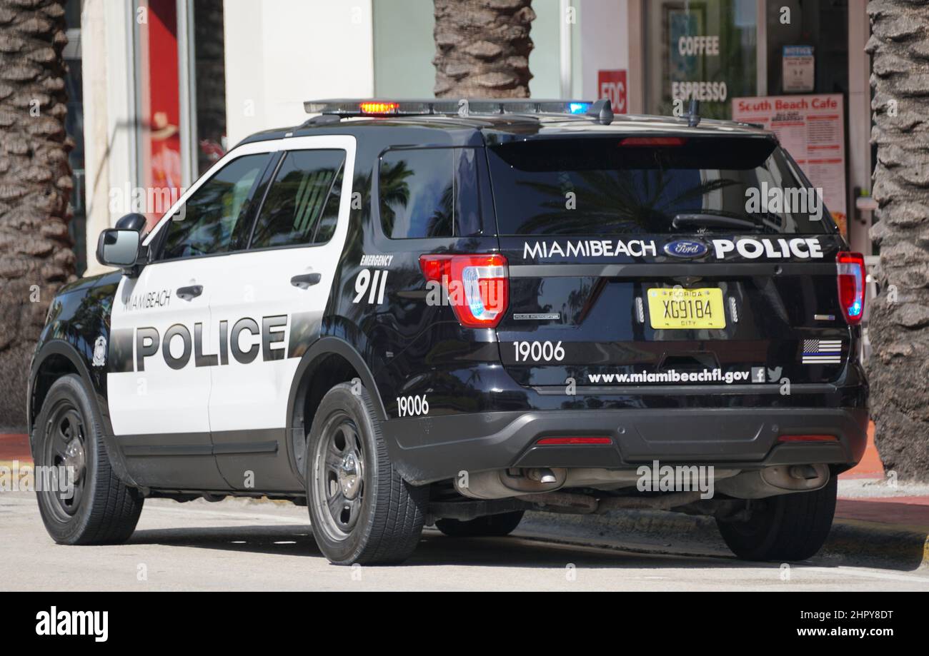 Miami Beach, Florida, U.S.A - February 17. 2022 - A white and black police SUV on the street Stock Photo