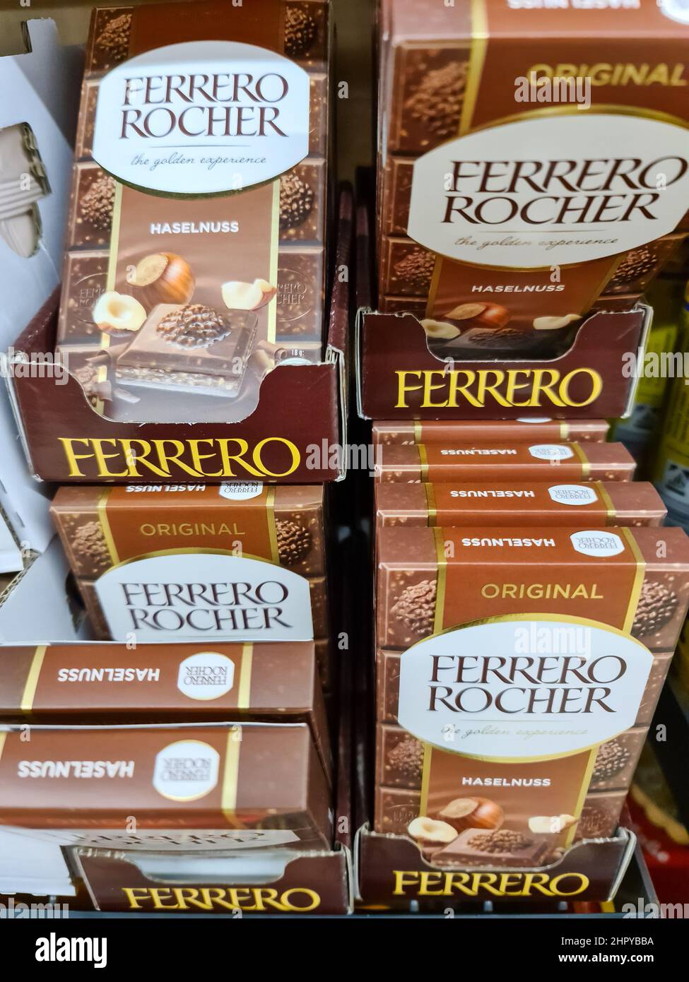 Kiel, Germany 24.Feburary 2022 Numerous bars of chocolate Ferrero Rocher brand for sale in a