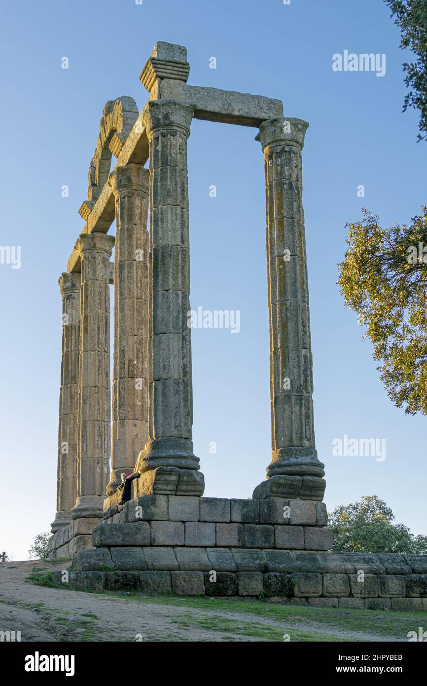 Vertical shot of the ruins of the temple of the ancient Roman city of Augustobriga.Caceres, Spain Stock Photo
