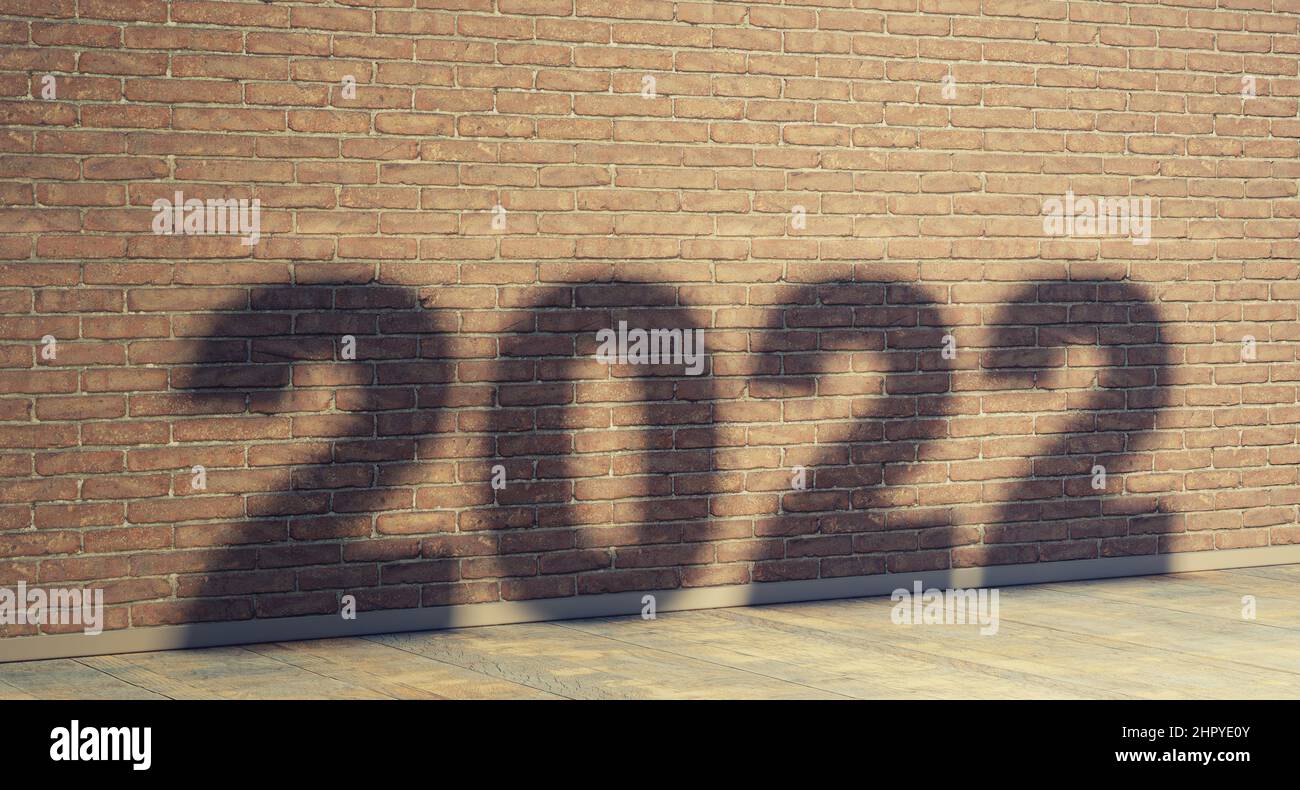 2022 shadow on brick interior wall with wooden floor, 3D render Stock Photo