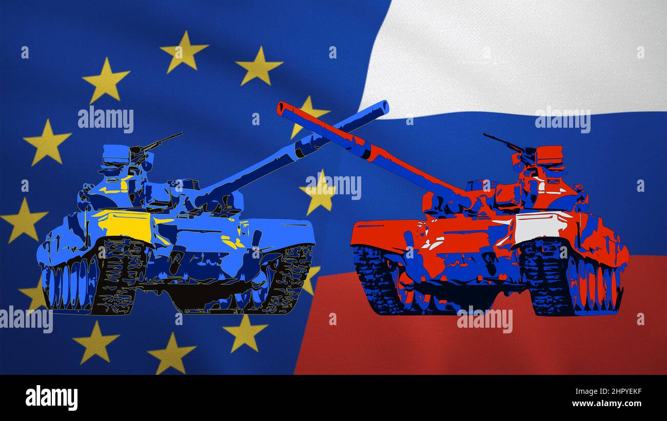 Europe union and Russian tanks stand in front of each other in flags backgrounds - Illustration of war frontline Stock Photo