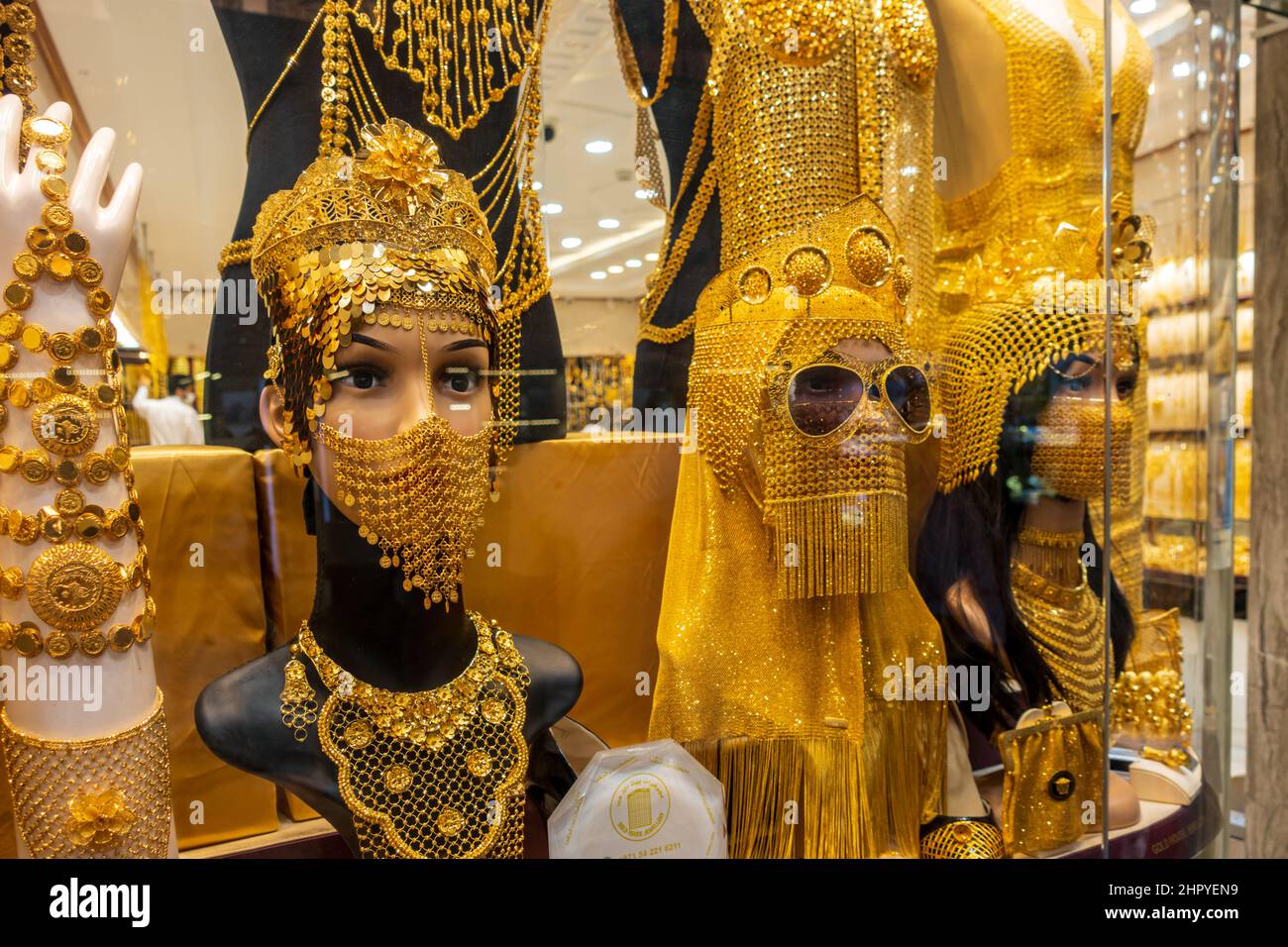 Shop window inside the Dubai Gold Souk in the Deira district. One of the most popular shopping destinations and gold markets in the Dubai. Stock Photo