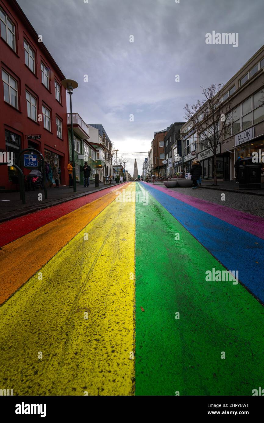 View of a rainbow colored road in Reykjavik, Iceland Stock Photo