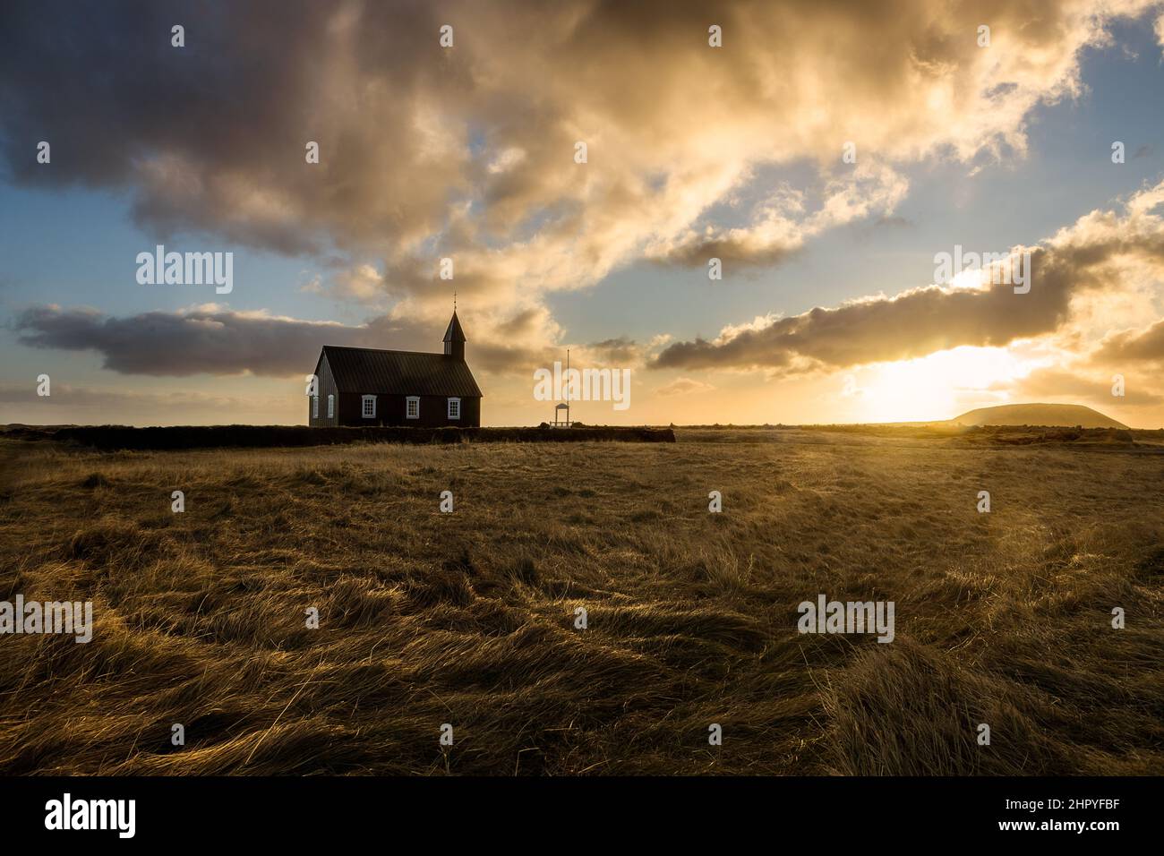 View of the Budakirkja, the famous black church in Budir in the Snaefelsness Peninsula, Iceland Stock Photo