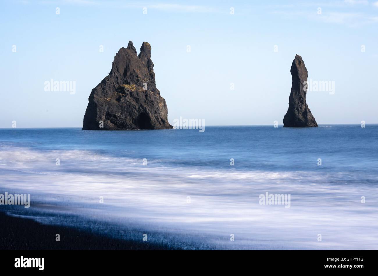 View of the rock formations in the Reynisfjara black beach in Vik, Iceland Stock Photo