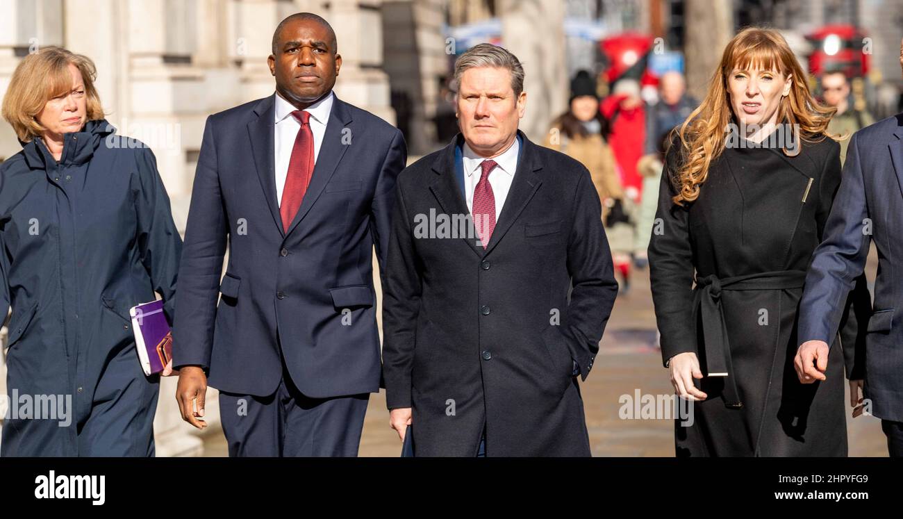 London, UK. 24th Feb, 2022. Opposition leaders at the Cabinet office for a briefing on the Ukraine situation. Baroness Smith Shadow Lords Leaders, David Lammy, Shadow Foreign Secretary, Kier Starmer, Leader of the Labour party, Angela Rayner Deputy Leader, Credit: Ian Davidson/Alamy Live News Stock Photo