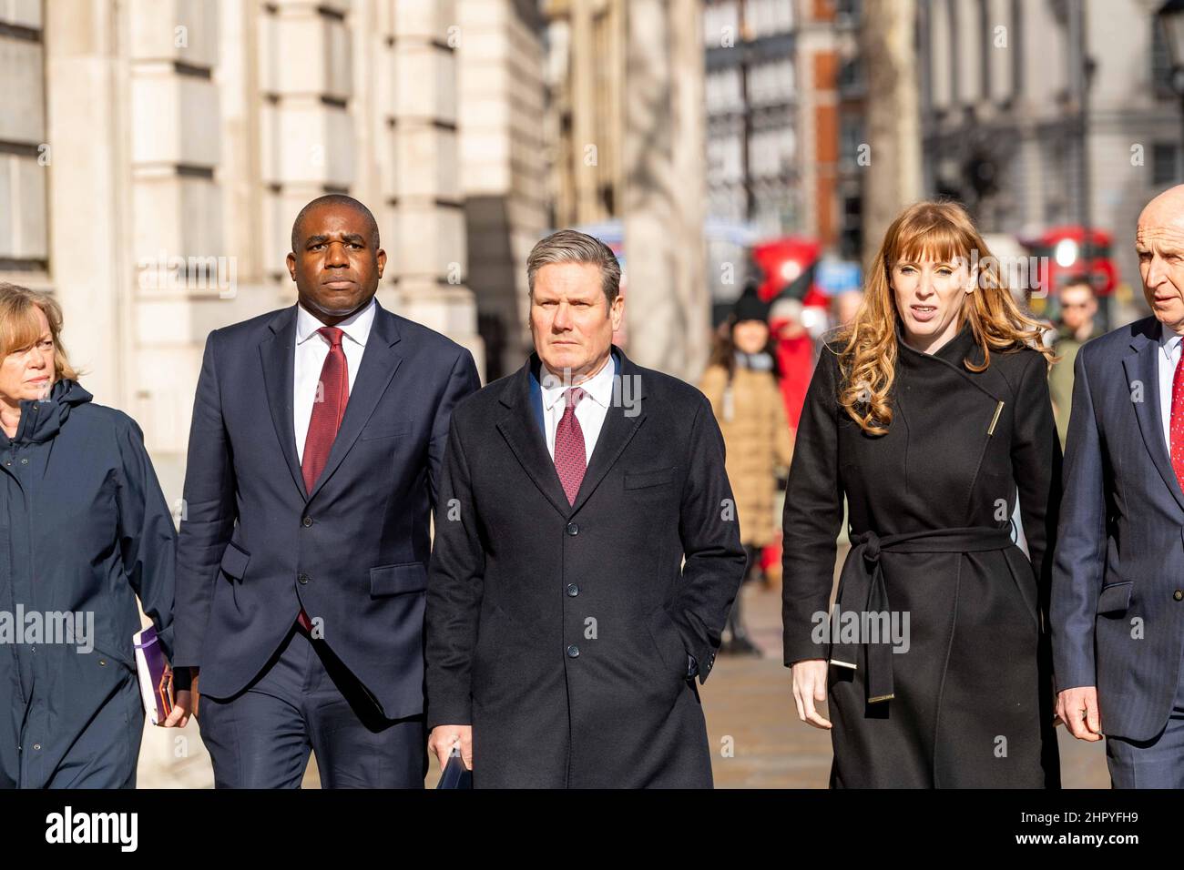 London, UK. 24th Feb, 2022. Opposition leaders at the Cabinet office for a briefing on the Ukraine situation. Left to right, Baroness Smith Shadow Lords Leaders, David Lammy, Shadow Foreign Secretary, Kier Starmer, Leader of the Labour party, Angela Rayner Deputy Leader, John Healy, Shadow Defence Secretary, Credit: Ian Davidson/Alamy Live News Stock Photo