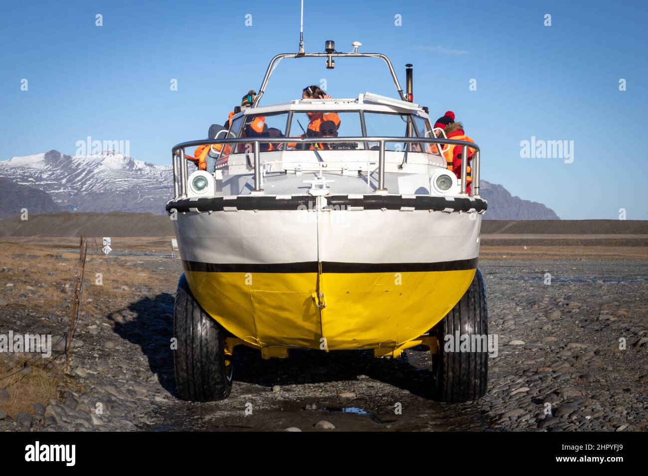 Picture of the boat used in the tour among the icebergs coming from the Skaftafellsjokul glacier in the Jokulsarlon lagoon in Iceland Stock Photo