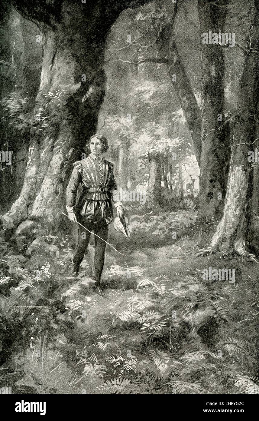 Boy Shakespeare in forest of Arden. As a boy, Shakespeare loved to roam through the forest and to feel its mystery and power. Every day he wandered down its shady paths and into its most secret places until he grew to know it, and felt that over its solitudes there brooded an invisible presence. He longed to discover the secret of the mystery and power of the forest. William Shakespeare (died 1616) was an English playwright, poet and actor, widely regarded as the greatest writer in the English language and the world's greatest dramatist. He is often called England's national poet and the 'Bard Stock Photo