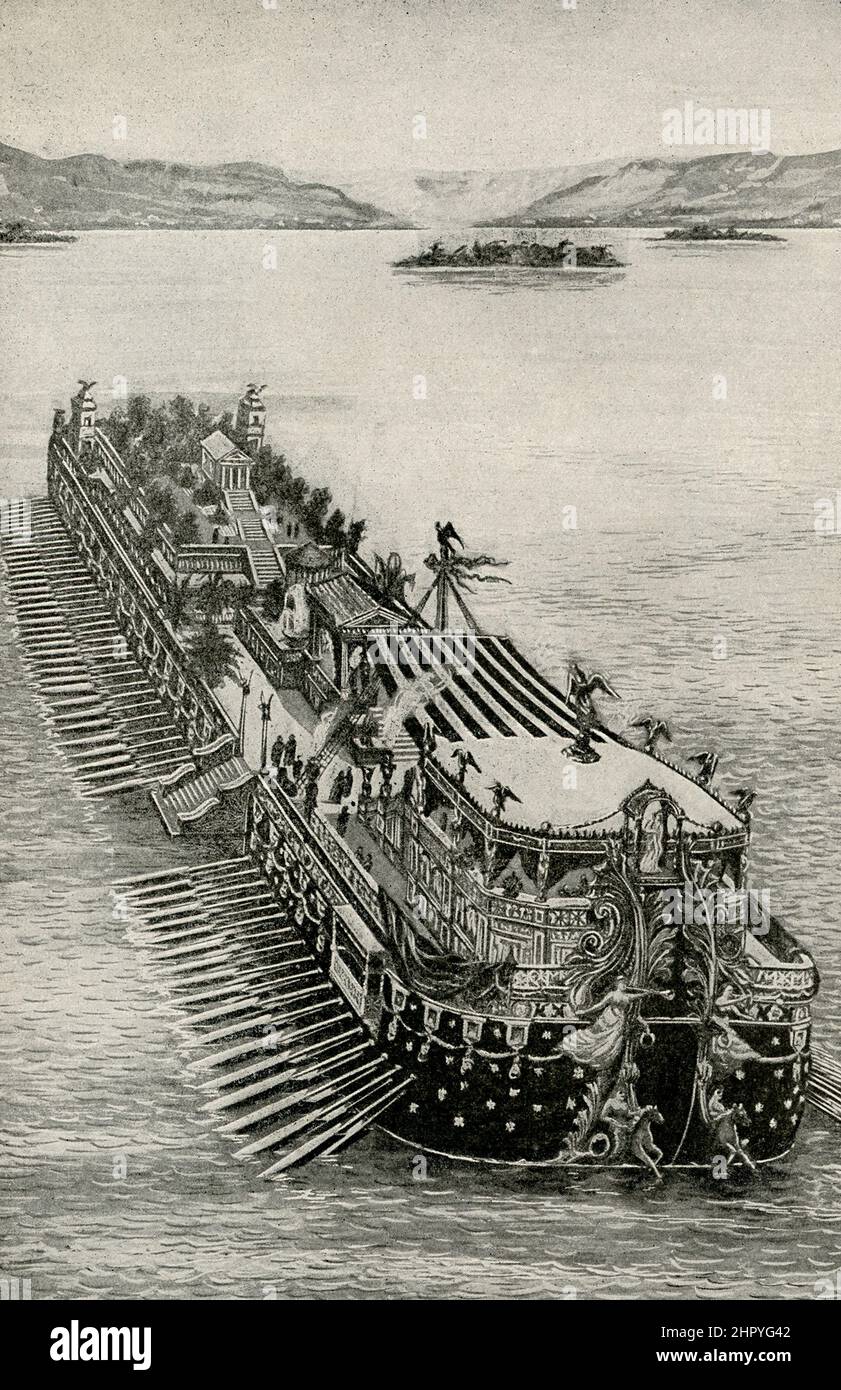 The caption for this 1912 image reads: 'Floating Palace of an Emperor. This picture of the wonderful floating palace that was built by the Roman emperor Caligula gives some idea of the magnificence of Cleopatra’s galley, for Caligula’s remarkable vessel, the remains of which lie under the waters of Lake Nemi in Italy, was probably made after the model of a famous galley belonging to one of Cleopatra’s forefathers.' Caligula died AD 41. Stock Photo