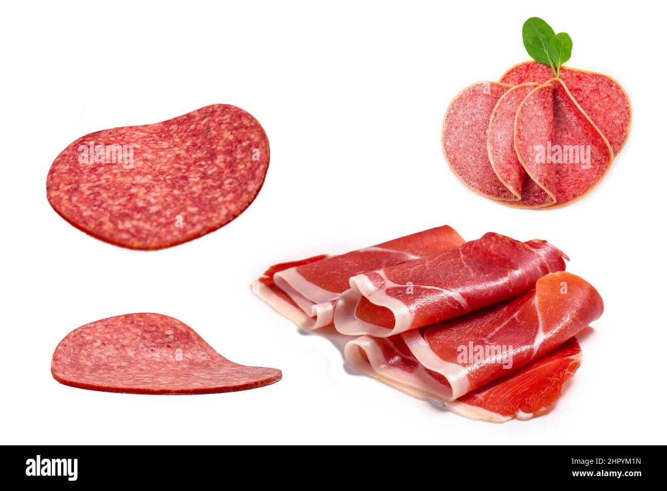 Falling tasty salami isolated on white background. Stock Photo
