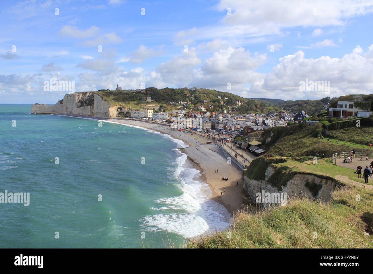 aerial view at the coastline of etretat with its beach and white cliffs ...
