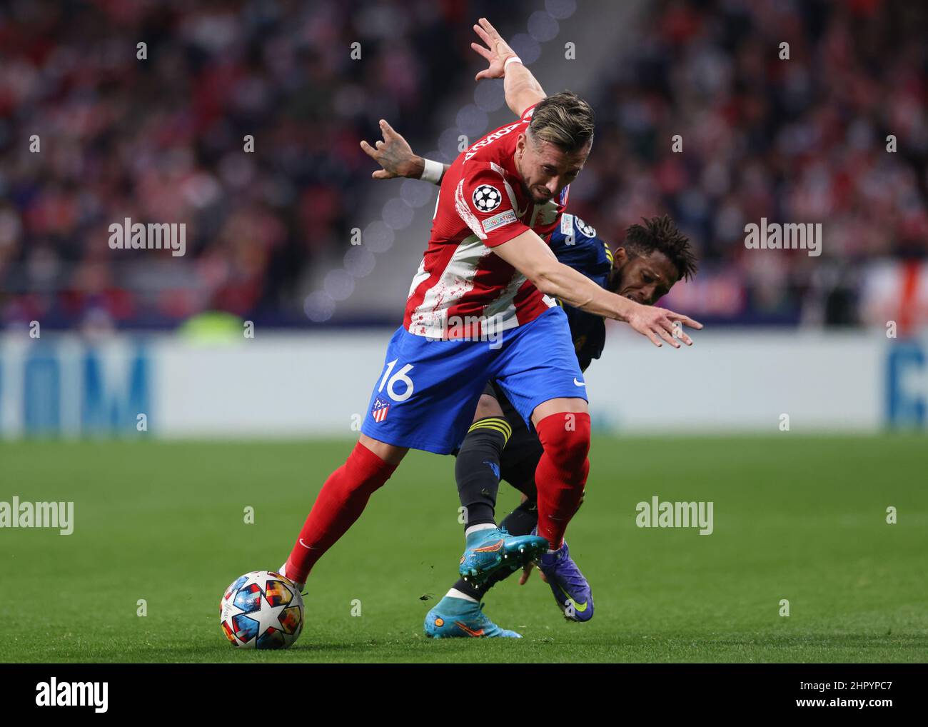 Madrid, Spain, 23rd February 2022. Fred of Manchester United clashes with Hector Herrera of Atletico Madrid during the UEFA Champions League match at Estadio Metropolitano, Madrid. Picture credit should read: Jonathan Moscrop / Sportimage Stock Photo