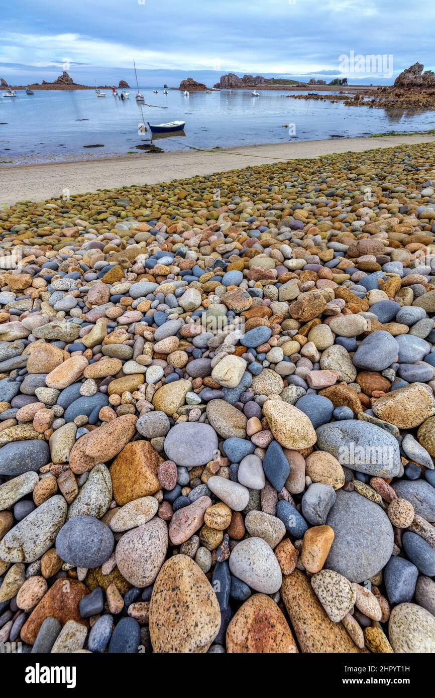 Impressive granite, dolerite and diorite pebbles on the coast, Plougrescant, Cotes d'Armor, Brittany, France Stock Photo