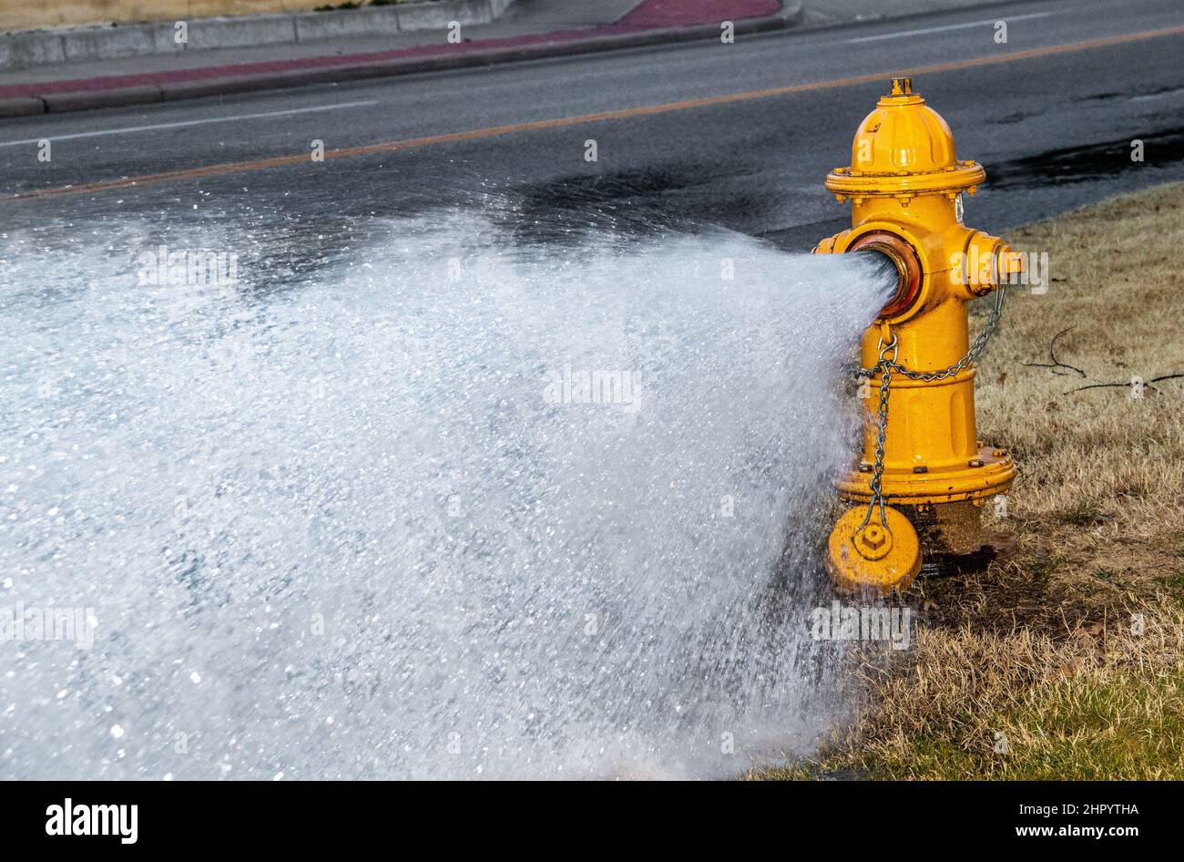 Yellow fire hydrant by four-lane street  gushing water on a winter day Stock Photo