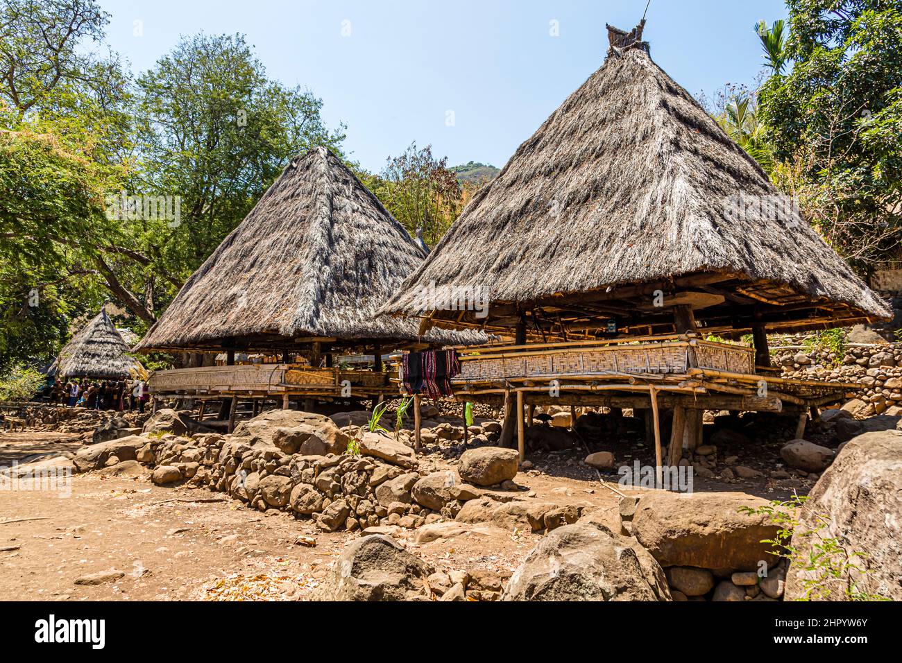 Two lumbung storehouses with pointed thatched roofs and raised platforms stand on the island of Alor, Indonesia. ## Batch 26 Stock Photo