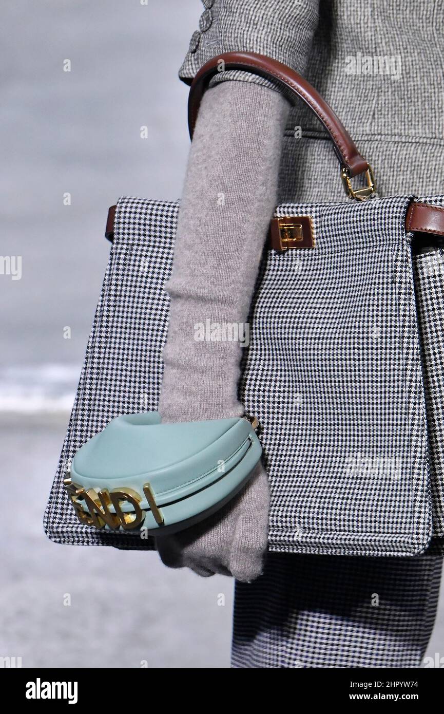 Milan, Italy. 23rd Feb, 2022. Details, accessories, handbags and shoes on  the runway at the Fendi fashion show during Fall Winter 2022 Collections  Fashion Show at Milan Fashion Week in Milan, Italy