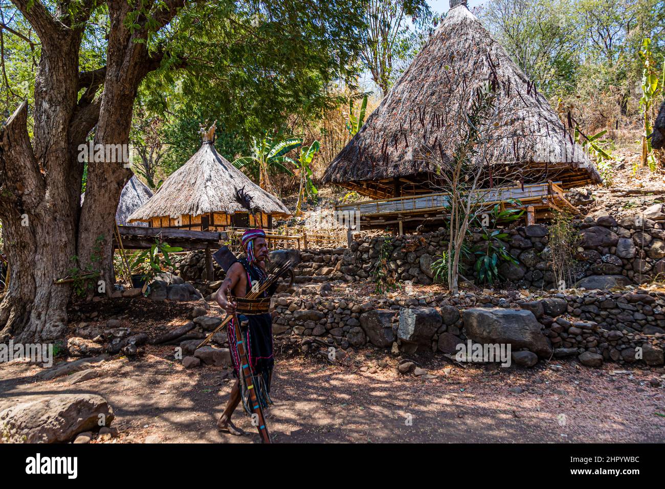 A warrior in a red headscarf and feathered adornment carries a bow and arrows past the lumbung storehouses in the village of Takpala, Alor, Indonesia. Stock Photo