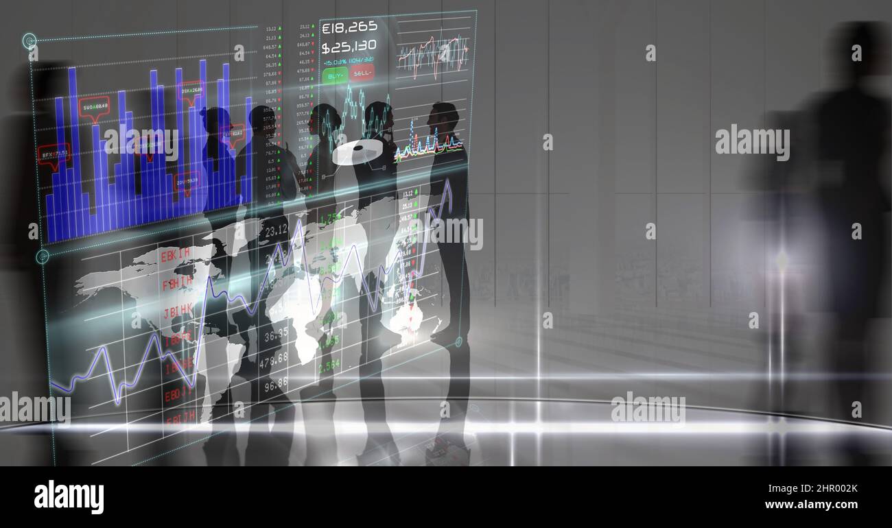 Digital interface with data processing against businesspeople at office ...