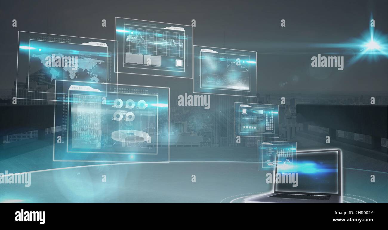 Multiple screens with data processing and laptop icon against aerial ...