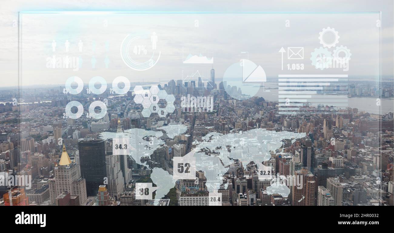 Digital interface with data processing over world map against aerial ...