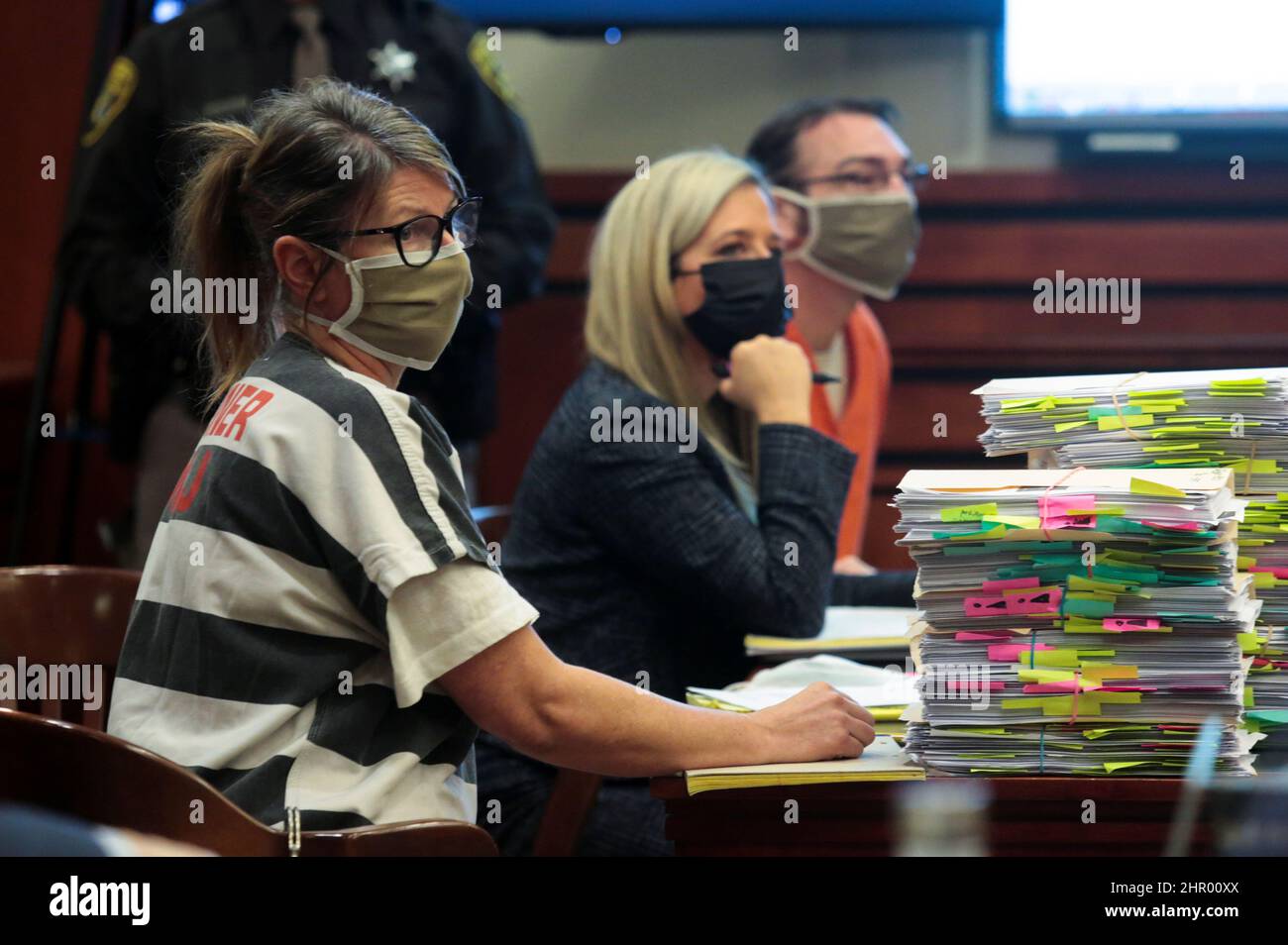 Jennifer Crumbley, parent of accused Oxford High School gunman Ethan Crumbley, listens during a court procedural hearing in Rochester Hills, Michigan, U.S., February 24, 2022.   REUTERS/Rebecca Cook Stock Photo