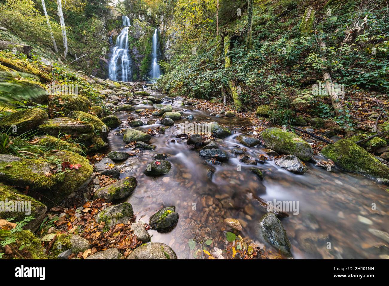 The Heidenbad waterfall in autumn , Alsace, France Stock Photo