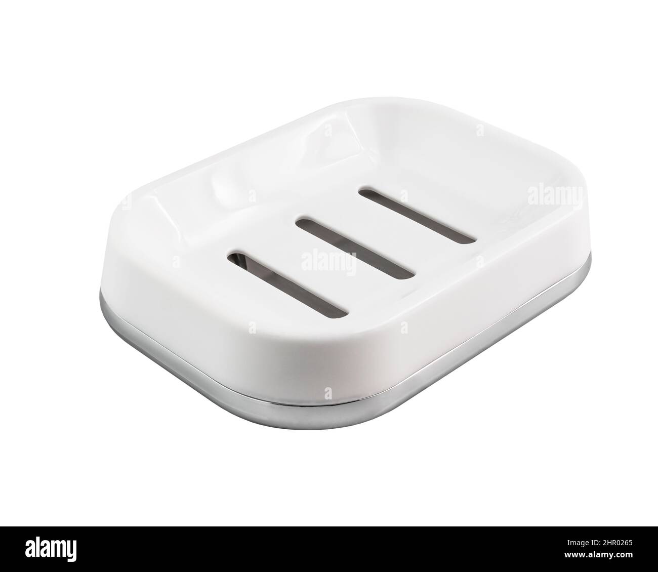 Bathroom: White empty soap dish on white background, isolation. Studio shot. Hygiene theme - toiletries Stock Photo