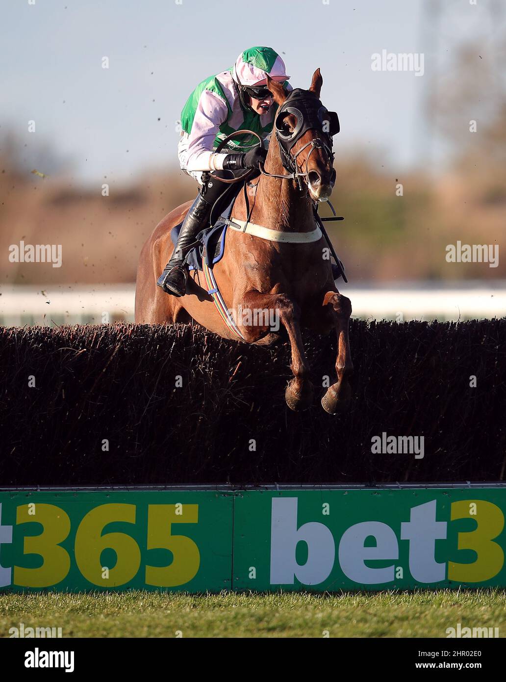 Lord Sparky ridden by jockey Jack Andrews clear a fence during the