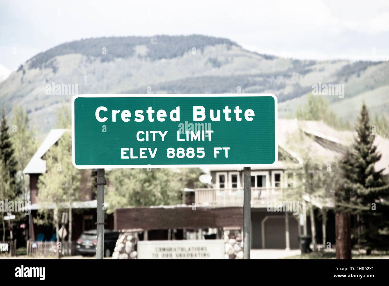 Crested Butte sign with buildings and town in background at Colorado USA ski resort in summer Stock Photo