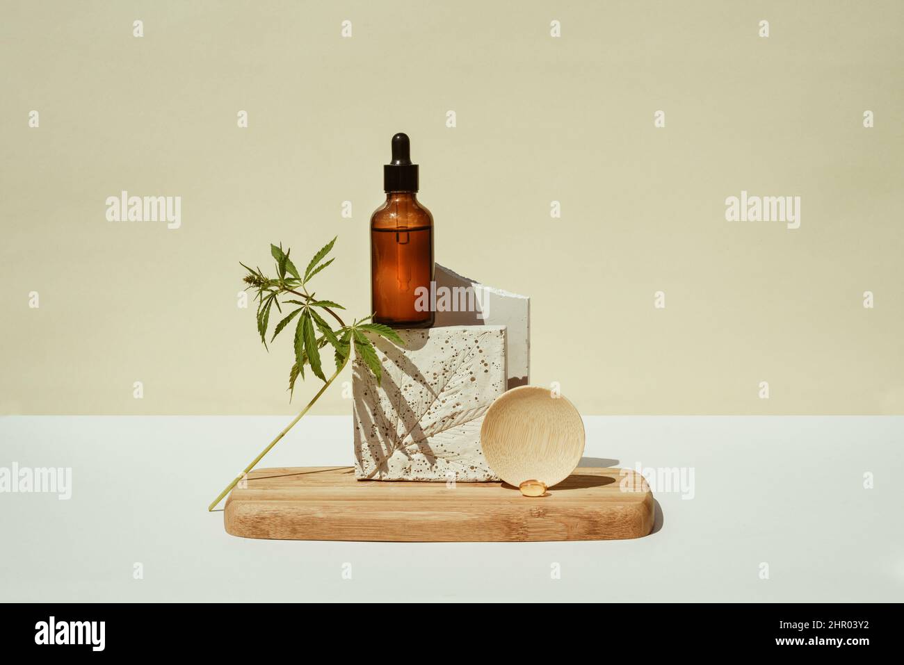 CBD oil in bottle, cannabis bush, hemp on geometric podium Stock Photo