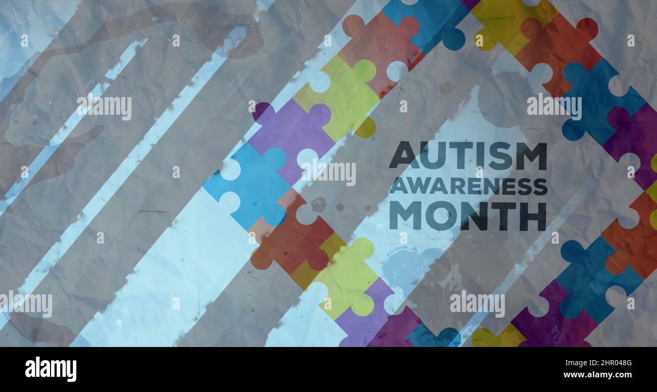 Image of autism awareness month text over colorful puzzle pieces and