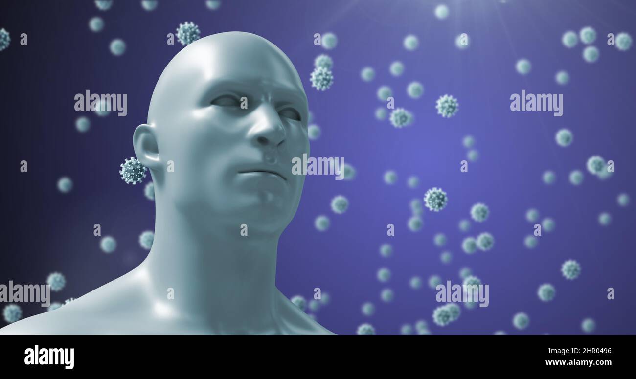 Image of virus cells floating over human head on blue background Stock Photo