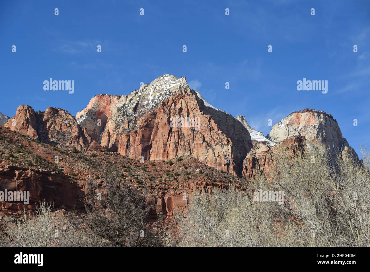 Large Format Panorama of Snow Dusted Mountains in Zion National Park, Utah, USA. Stock Photo