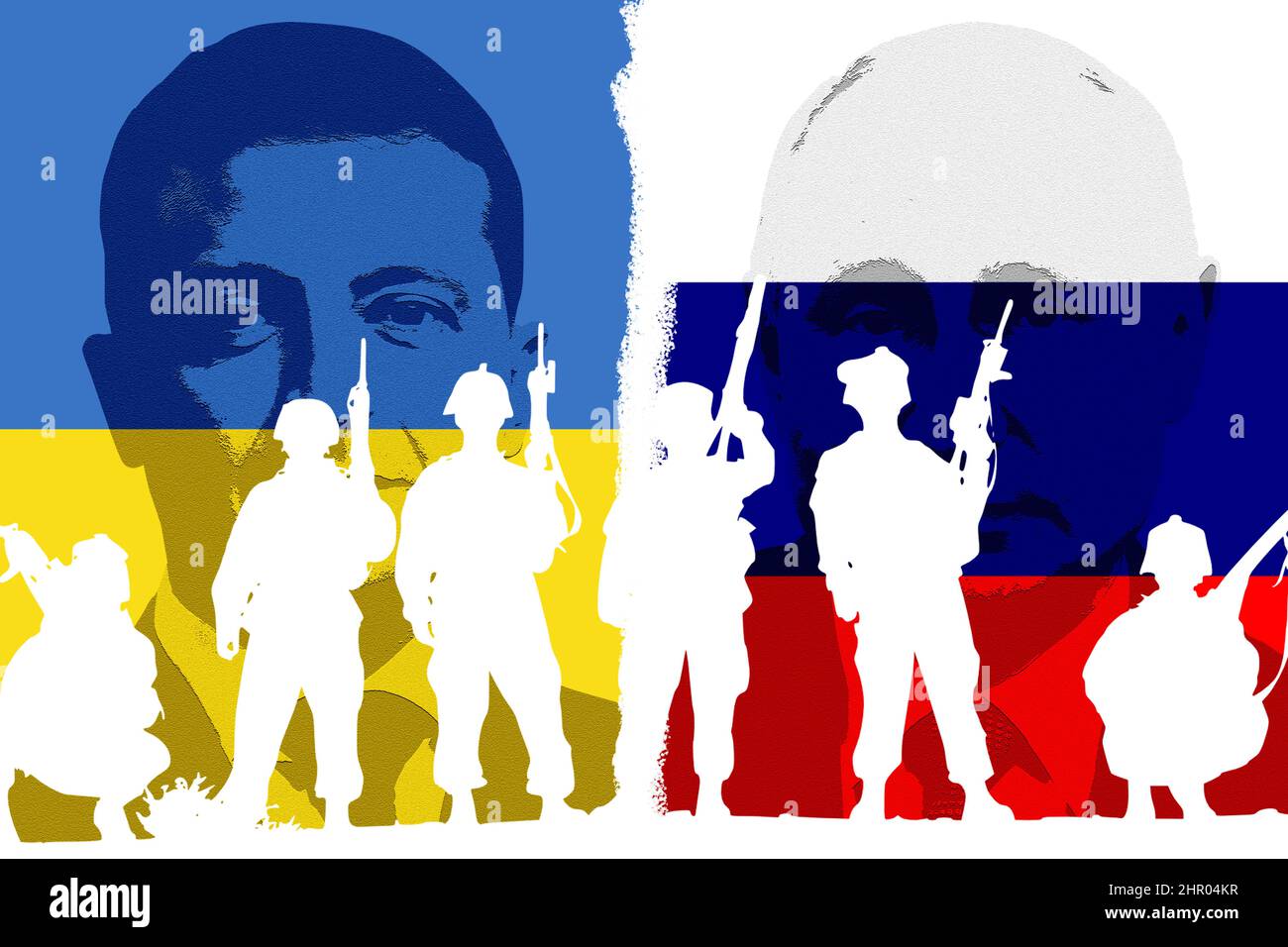Ukrainian and Russian flags, faces of presidents Volodymyr Zelensky and Vladimir Putin and silhouettes of soldiers Stock Photo
