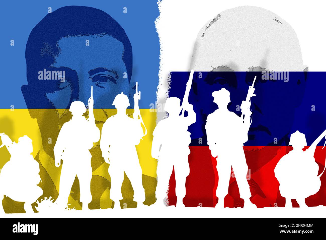 Ukrainian and Russian flags, faces of presidents Volodymyr Zelensky and Vladimir Putin and silhouettes of soldiers Stock Photo