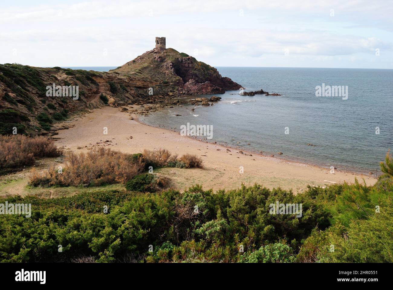 View of Sa Marinedda beach near Columbargia tower Stock Photo