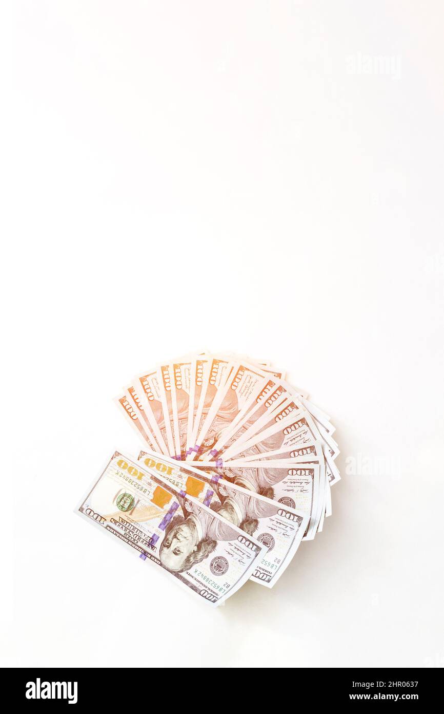 Arrangement of American 100 dollars bills bank notes. 100, viewed from above with copy space Stock Photo