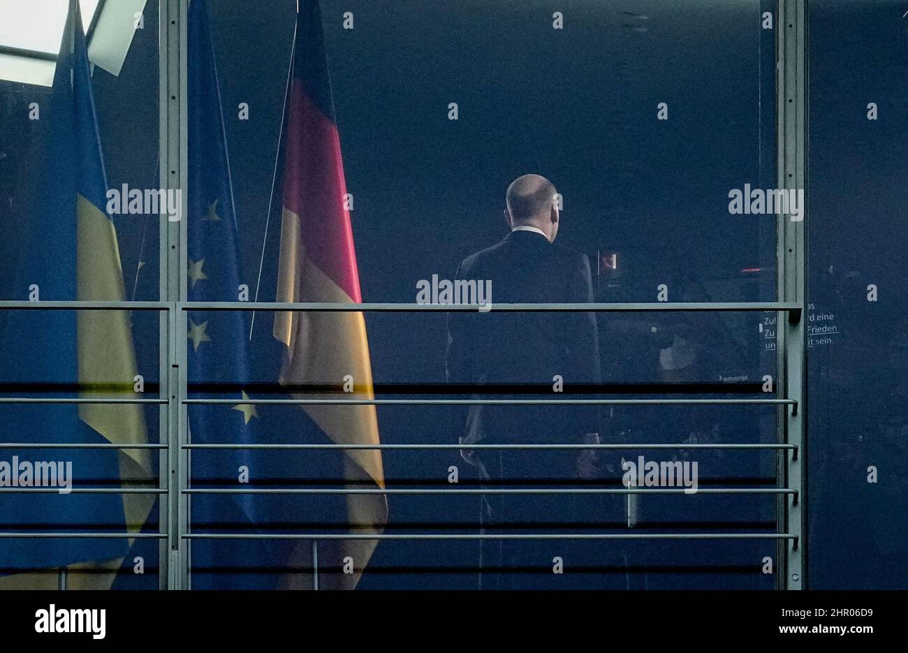 Berlin, Germany. 24th Feb, 2022. Chancellor Olaf Scholz (SPD) stands in a hall of the Chancellor's Office for the recording of his televised speech on the war in Ukraine. In the morning Ukraine was attacked by Russian forces. Credit: Kay Nietfeld/dpa/Alamy Live News Stock Photo