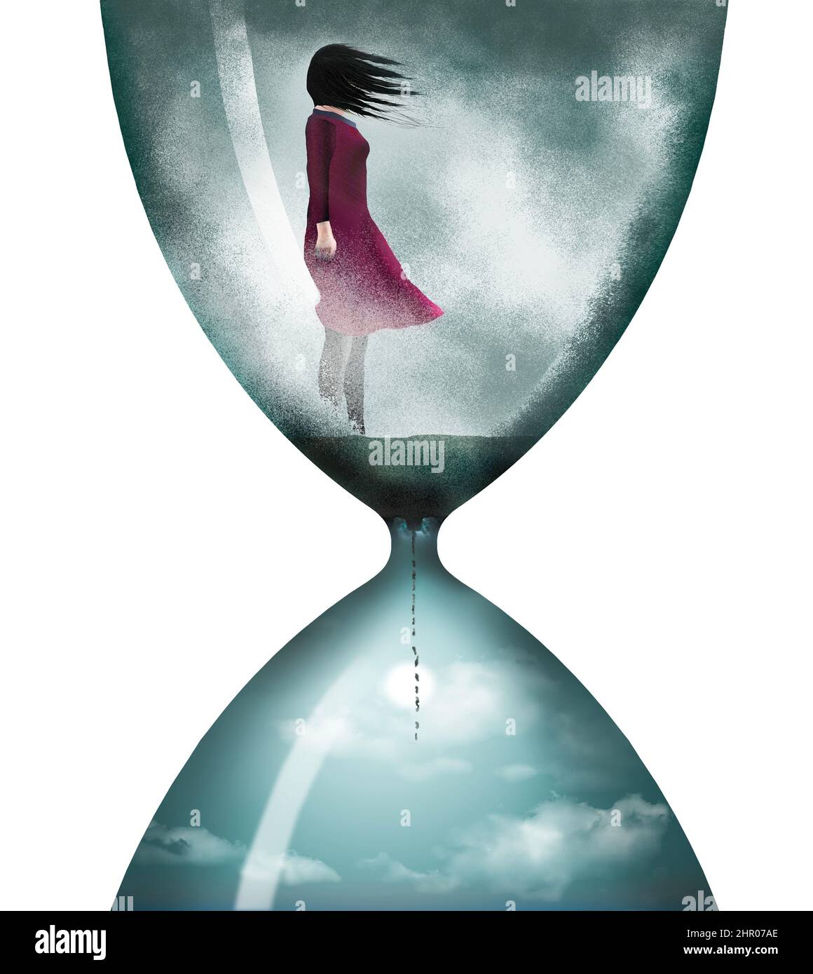 A girl in a red dress endures wind as she waits for time to pass inside an hourglass in a 3-d illustration. Stock Photo
