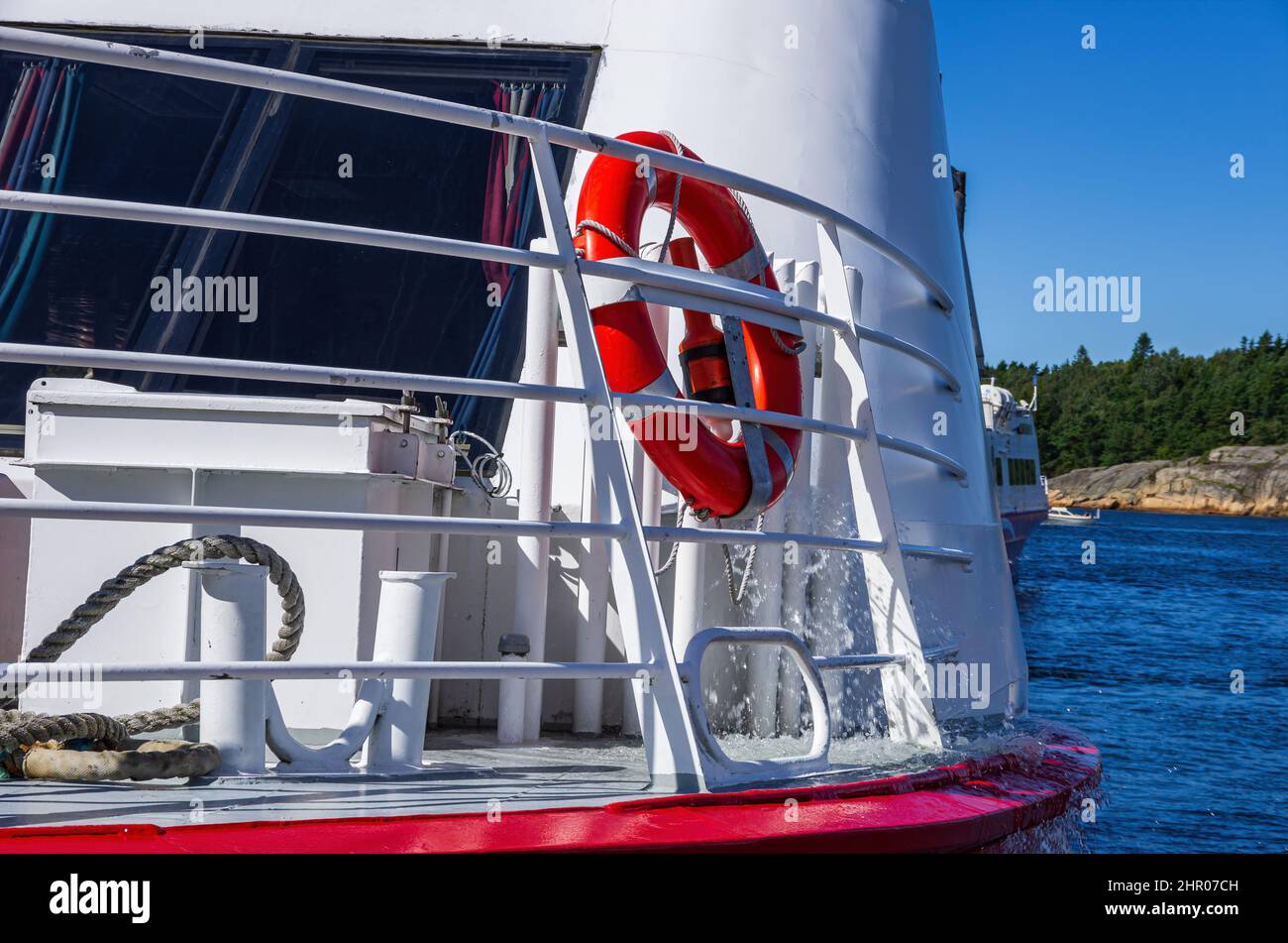 Ship's rail with lifebelt, ferry in Strömstad, Sweden. Stock Photo