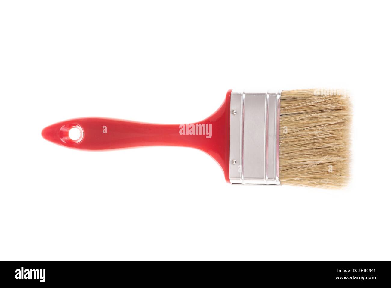 paintbrush, profile view closeup red handle new and clean paint brush