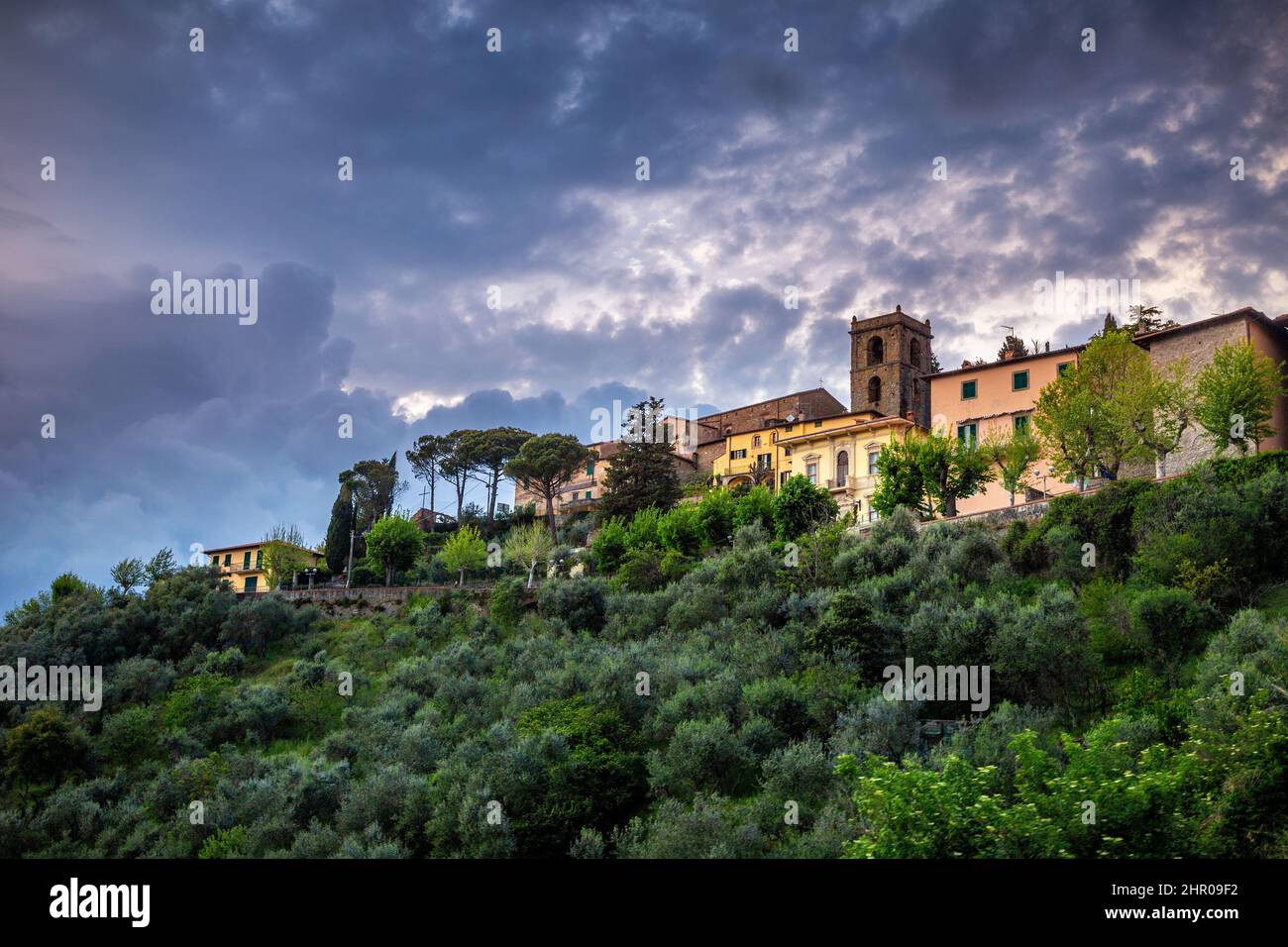 Montecatini Alto - medieval village above Montecatini Terme town with surrounding landscape at sunset in Tuscany, Italy, Europe. Stock Photo