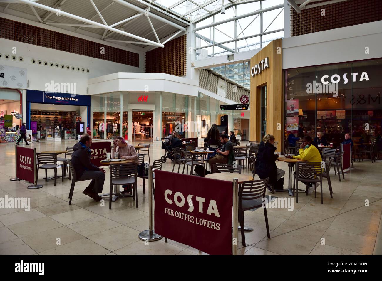 Inside Festival Place shopping centre with Costa coffee and eating area, Basingstoke, UK Stock Photo